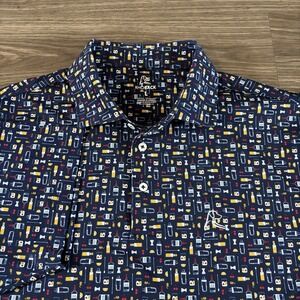 Rhoback Polo Shirt Mens Large Navy The Old Fashioned AOP Cocktail Golf Stretch